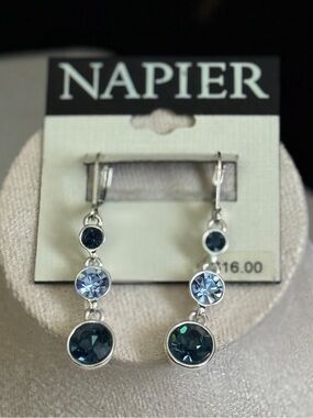 Napier Blue Rhinestone Dangle Leverback Earrings NWT